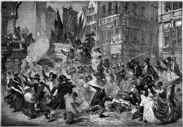 Cena de carnaval nas ruas de Antuérpia (Bélgica), em 1860. Gravura em "Le Monde Illustré" n°151 de 3 de Março de 1860.