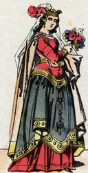 Dinastia Carolíngia: Retrato de Hildegarde de Vintzgau (v. 758-783) esposa de Carlos o Grande ou Carlos Magno (Carolus Magnus, 742-814). Imagem epinal do final do século XIX. Coleção particular.