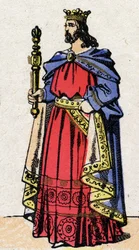 Dinastia Carolíngia: Retrato de Luís IV, conhecido como Outremer (921-954), Rei dos Francos de 936 a 954. Imagem epinal do final do século XIX. Coleção particular.
