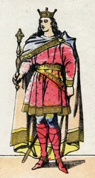 Dinastia Carolíngia: Retrato de Louis V dit le Faineant (967-987), rei dos Francos de 986 a 987. Imagem epinal do final do século XIX. Coleção particular.
