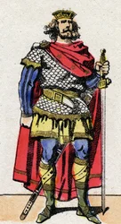 Dinastia Carolíngia: Retrato de Pepin the Brief (715-768) Rei dos Francos de 751 a 768. Imagem epinal do final do século XIX. Coleção particular.
