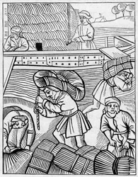 Portadores de feno na Idade Média. Gravura em "La Marine et les colonies: comércio".