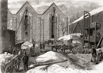 Transporte de gelo nos armazéns de gelo do Sr. Charles, Lindsey House, Londres, de "L