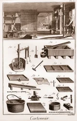 Cartonnier - atelier fabrique du carton - "The Great Encyclopedie, ou Dictionnaire Raisonne des Sciences, des Arts et des Metiers" (Enciclopédia ou Dicionário das Ciências, Artes e Profissões) por Denis Diderot (1713-1784) e Jean d