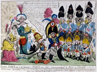 Desenho animado sobre Napoleão I (1769 - 1821) e seu filho, o Rei de Roma (1811 - 1832): este último, no seu cavalo de balanço, revê as tropas do exército francês com seu pai. Estampa francesa do século XIX.