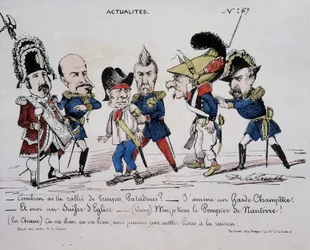 Desenho animado sobre a Comuna "Notícias - Quantas tropas você mobilizou, Paladine? - Vou trazer um guarda do campo. E eu sou uma igreja suíça. - (Vinoy) Eu seguro o bombeiro de Nanterre - (No coração) Está tudo bem, está tudo bem, vamos finalmente pôr Par