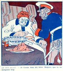 Cartoon criticando o comportamento ganancioso da Bulgária sobre a partição da Macedônia durante as Guerras dos Balcãs 1912-13