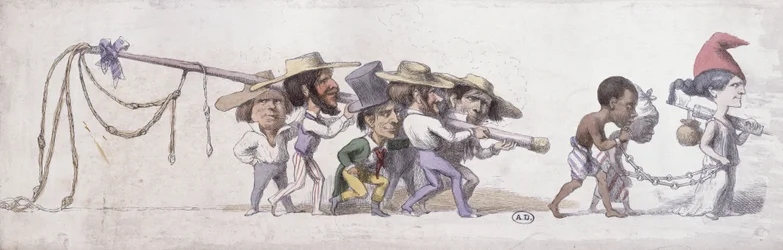 Desenho animado representando a França como o comerciante de escravos das suas colónias, c.1845-48 (caneta e tinta e aguarela sobre papel)
