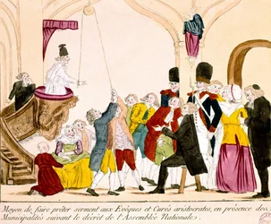 Desenho animado representando Aristocratas e Clero franceses Fazendo o Juramento de Fidelidade à República (gravura colorida)
