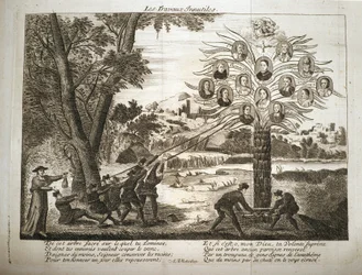 Desenho animado representando os jesuítas tentando derrubar a Árvore do Jansenismo,