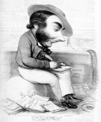Desenho animado da escrita de Eugène Sue, rodeado pelas suas publicações em série na imprensa - em "Le Charivari", cerca de 1840