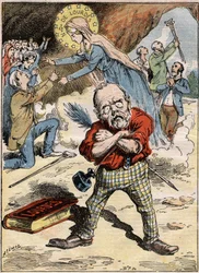 Desenho animado do escritor Emile Zola (1840-1902) que está perplexo com a devoção dos fiéis em Lourdes, apesar das suas críticas ao tema expressas no seu romance "Lourdes". Gravura em "Le Pelerin", de 30 de agosto