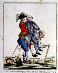 Desenho animado sobre os impostos antes da Revolução: Clero e Nobres que vivem nas costas do Terceiro Estado, por volta de 1789