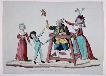 Caricatura da família real (Luís XVI e Maria Antonieta com os seus filhos) durante a Revolução Francesa, cerca de 1790 - Musée Carnavalet