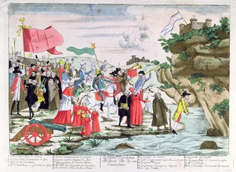 Cartoon ridicularizando o clero e os aristocratas franceses que se refugiaram na Alemanha durante a Revolução, c.1792