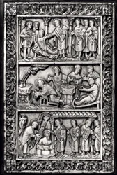 Placa esculpida para uma capa de livro com cenas da vida de São Remígio (c.437-533) e o batismo de Clóvis I (465-511)