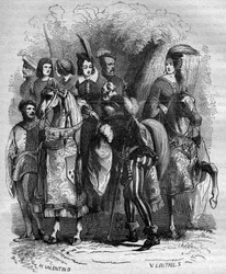 O caso da Torre da Nesle: Princesa Marguerite de Borgonha (1290-1315) e suas duas irmãs (Jeanne e Blanche) acusadas de adultério - Gravura em "Histoire de la prostitution et de la debauche dans tous les peuples du globe depuis antiquité à la present" (Hist
