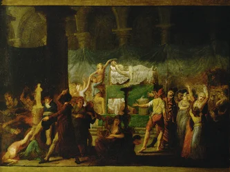 Catafalco para Jean-Paul Marat após o seu assassinato por Charlotte Corday ...