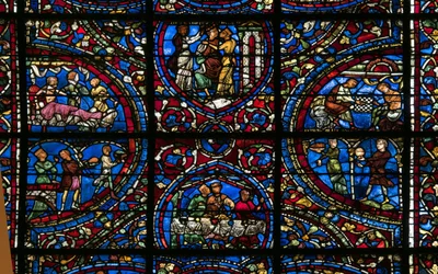 Cathedrale de chartres, vidro manchado: parábola do filho pródigo detalhe