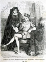Catarina de Medici (Caterina de Medici) rasga de seu filho (Carlos IX) a ordem de dar o sinal do massacre de São Bartolomeu em 1572 - no "Histoire de France" de L.-P. Anquetil