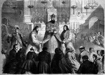 Rito Católico - Missa - 26 de Janeiro de 1860: Missa celebrada segundo o rito arménio pelo superior dos Mechitaristas na igreja de Notre Dame des Victoires, Paris. Gravação no "Le Monde Illustré" n°147 de 4 de Fevereiro de 1860.