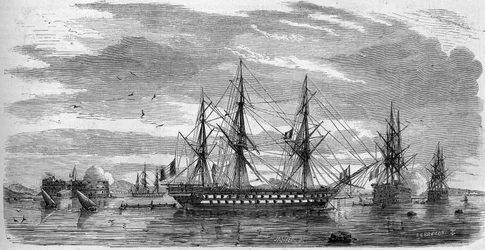 Festa católica: Sexta-feira Santa, em Toulon (Var, 83), em 1858. Os navios têm as suas varas em cruz e as suas bandeiras com meia adriça como sinal de luto. Gravura no "Le Monde Illustré" n°53 de 17 de Abril de 1858.