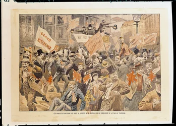 Celebrações nas ruas de Londres na sequência da notícia da conclusão da paz no Transvaal, Maio de 1902 (impresso)