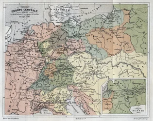 Europa Central mostrando os locais históricos e os campos de batalha de 1792-1813 - Europa Central indicando locais históricos e campos de batalha de 1792 a 1813 - gravação em "Histoire de France" de Victor Duruy (1811-1894) - 1882