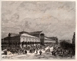 Halles centrais em Paris no século XIX - gravura em "La France illustree: geographie, histoire, administration statistique" de V.A. Malt-Brown. 1884