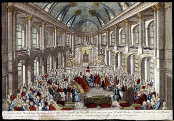 Cerimónia da bênção nupcial dada na capela de Versalhes em 16 de Maio de 1770 por Louis Auguste, golfinho de França (Luís XVI), e Maria Antonieta da Áustria - gravura