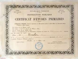 Certificado de Educação Primária, Academie de Lille, 1898 (tinta no papel)