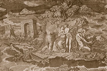 Capa para cadeira com inscrições em francês, c.1811 (algodão com estampa de rolo)