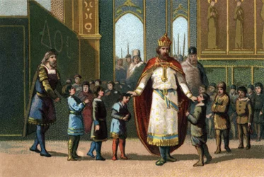 Carlos Magno, rei da França de 768 a 814, fundador da escola, supervisiona as aulas. Cromolitografia por volta de 1890.