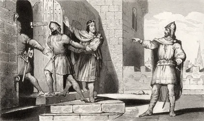 Charles III (879-929) o simples feito prisioneiro por um de seus soldados, de &39;Histoire de France&39; por Colart, publicado c.1840
