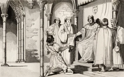 Carlos IV (1294-1328), o Belo recebe um pedido na corte, de &39;History of France&39; por Colart, publicado em 1840 (gravura)