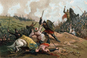 Carlos Martel deteve a invasão e matou o comandante do exército, Abd al-Rahman I ou Abderamane I (Abd al-Rahman) (731-788), chefe dos sarracenos. Cromolitografia de cerca de 1890.