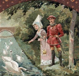 Carlos VII (1403-1461) com sua preferida, Agnes Sorel (conhecida como a Senhora de Beaute sur Marne (1422-1450) alimentando cisnes no parque do castelo de Savigny sur Orge (Savigny-sur-Orge). Cromolitografia do final do século XIX