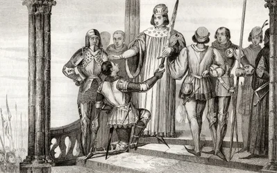 Charles V (1358-1880) o sábio apresenta sua espada a Duguesdin, de &39;Histoire de France&39; por Colart, publicado em 1840