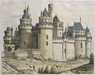 Castelo de Pierrefonds, ilustração do moniteur des arquitetos, gravada por Bosredon (gravura de cor)