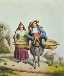 Vendedores de queijo da região de Tarbes, c.1840 (gravura a cores)