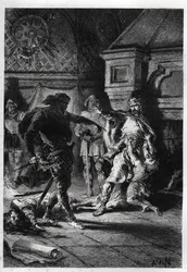 Childeberto I (cerca de 498-558) no assassinato dos herdeiros dos seus irmãos em 526 - Childeberto I mandou Clotário (Clothaire) massacrar os filhos do seu irmão Clodomiro, rei de Orleães, cujos estados partilhavam, em 526 - gravura de „L