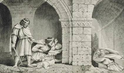 Quildeberto I (c. 498-588) no assassinato dos herdeiros dos seus irmãos, de «Histoire de France», de Colart, publicado c. 1840