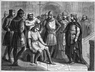 Childerico III, último rei merovíngio, foi destronado por Pepino, o Breve, rei dos Francos, e encerrado no mosteiro de Sithiu, perto de Saint-Omer, em 751. Gravador do século XIX.