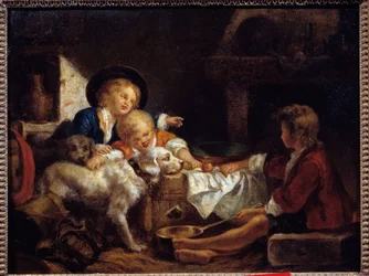 Crianças Três crianças pequenas e dois cães em um celeiro. Pintura da Escola Francesa. Colecção privada do século XVIII.