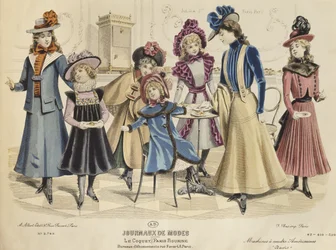 Trajes de crianças, ilustração de Journaux de Mode, de outubro de 1898 (gravura de cor)