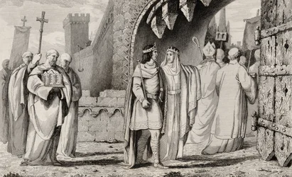 Chilperic I (539-84) em uma procissão religiosa, de &39;Histoire de France&39; por Colart, publicado c.1840
