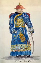 Capitão chinês de Ambon, Molucas, aguarela de Jules-Louis Lejeune, baseado em Voyage around world