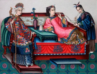 Mulheres nobres chinesas fumando ópio - em "O traje histórico" de Racinet