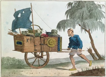 Camponês chinês com um carrinho de mão sob vela, 1811