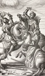 O cavalheirismo representado por figuras alegóricas, de "A vida militar e religiosa na Idade Média", de Paul Lacroix, publicou Londres, c.1880 (lito)